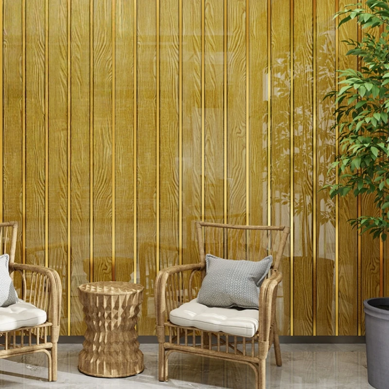 Self-Adhesive Faux Wood Wallpaper with Metallic Gold Accent Stripes, Removable Waterproof Wall Panel for Home Decor Stickers