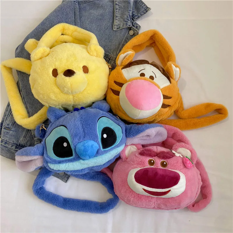 Disney The New Stitch Strawberry Bear Plush Doll Bag Kawaii Cartoon Winnie the Pooh Hand-held cross-shoulder cross-body Bag Gift