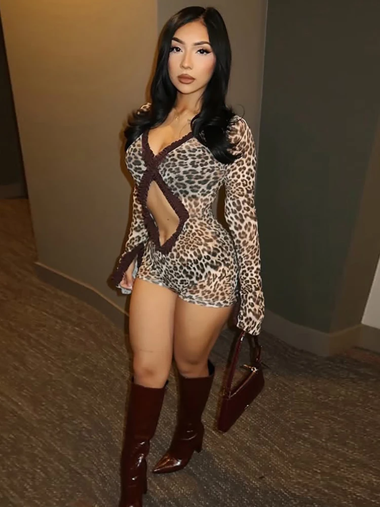 Weird Puss Leopard Print Romper Women See Through Sexy Hollow Deep v-Neck Ruffles Full Sleeve Clubwear Coquette Slim Playsuit
