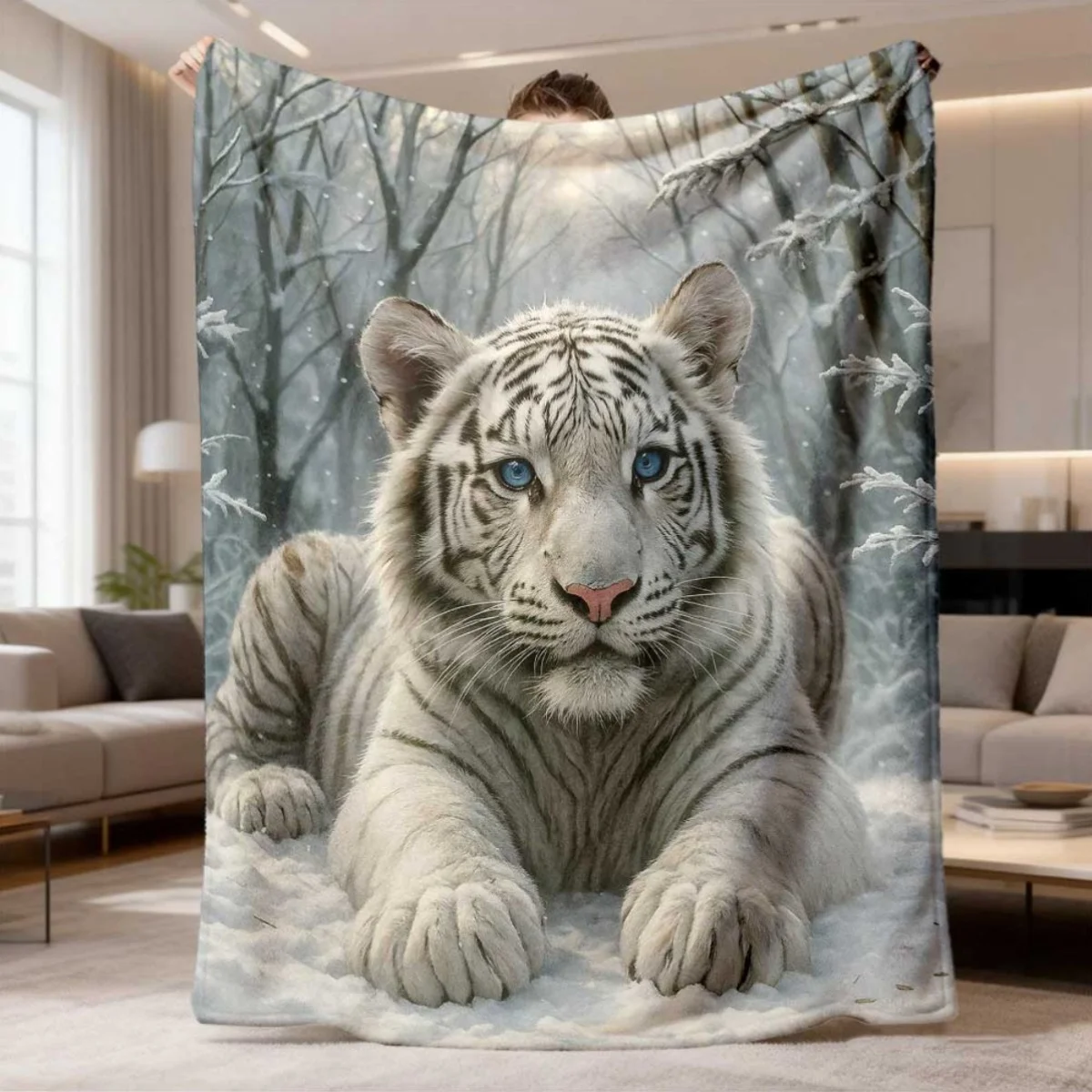 Manta de Franela con Patrón de Escena Invernal de Árbol Nevado con Tigre Bengal Blanco Realista, Manta Cálida y Acogedora