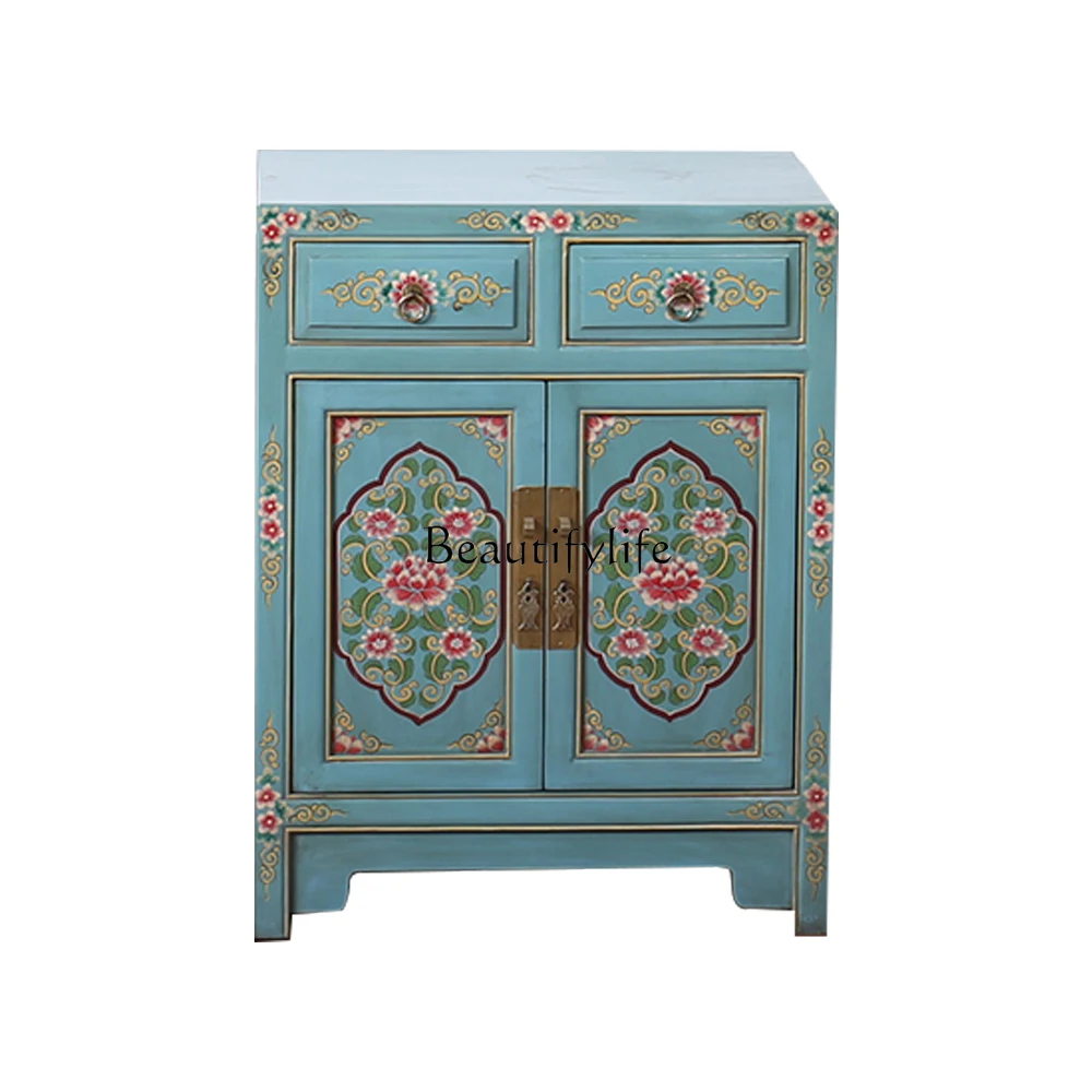 

New Chinese-style solid wood antique hand-painted cabinet small apartment bedroom locker