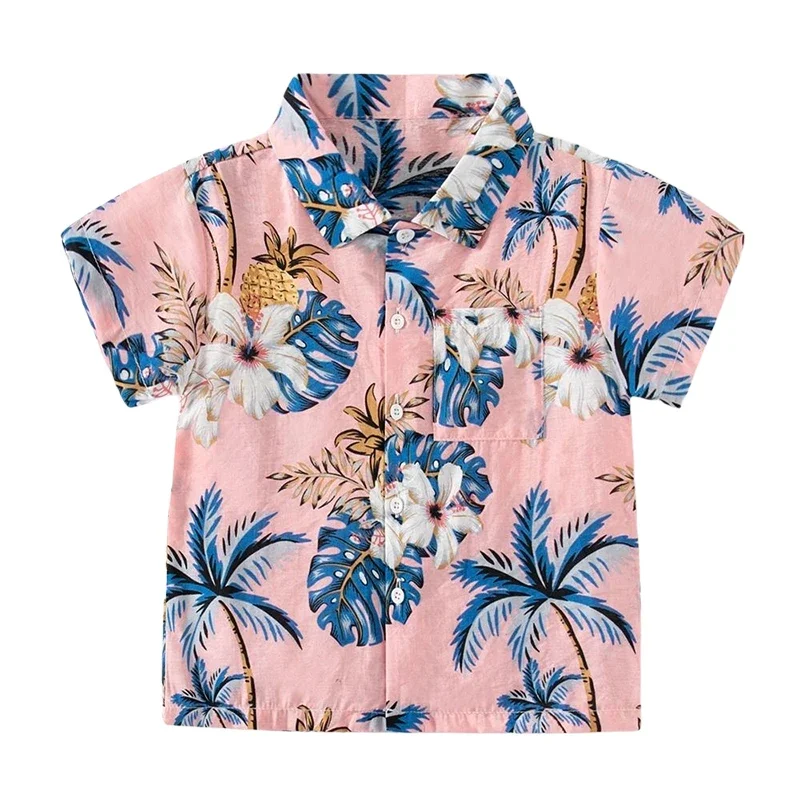 2023 New Boy Shirt Summer Beach Hawaiian Resort Style Children Floral Top2-8Y Short Sleeve Shirts Kids Lapel Shirt for Baby Wear