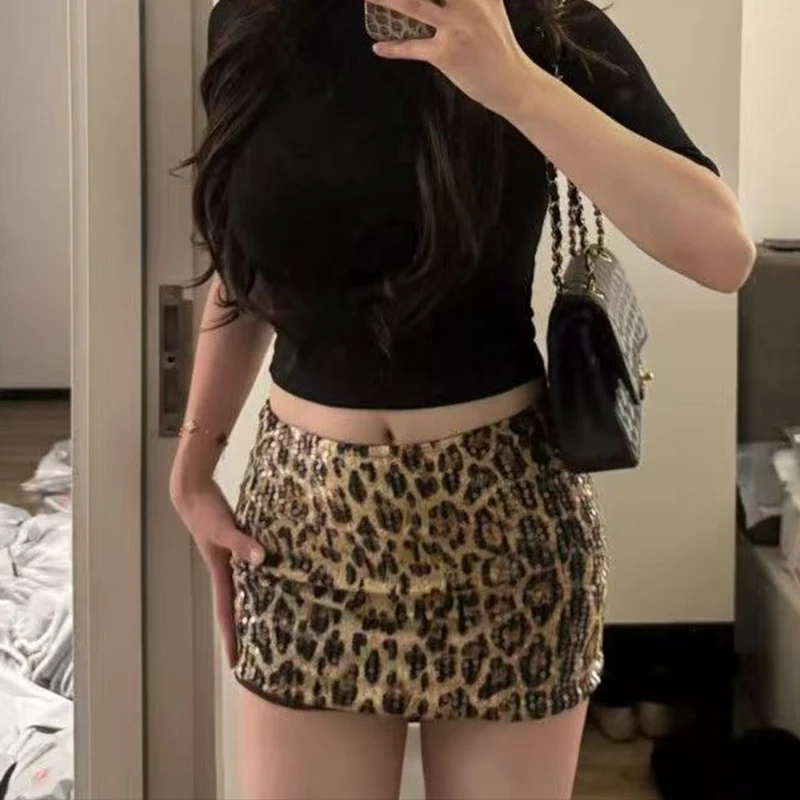 Gtpdpllt Leopard Print Sequin Skirts Club Wear Sexy Low Waist Mini Skirt Fall 2026 Trending Woman Party Y2K Clothing