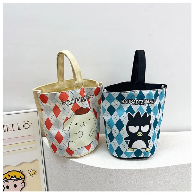 Sanrio Bag Hello Kitty Canvas Checkered Bucket Bag Cute Cartoon Kuromi My melody Cinnamoroll Outdoor Handbag Children Girls Gift