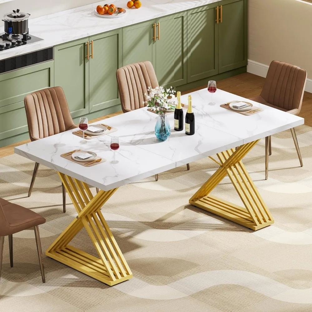 Dining Table for 6-8 People: 70.9 Large Rectangular Modern White Kitchen Table with Faux Marble Top