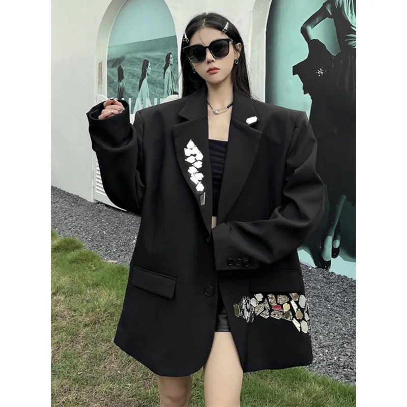 

Women Black Outerwear Big Size Sequins Cool Blazer New Lapel Long Sleeve Blazer Loose Jacket Fashion Tide Spring Autumn 2025