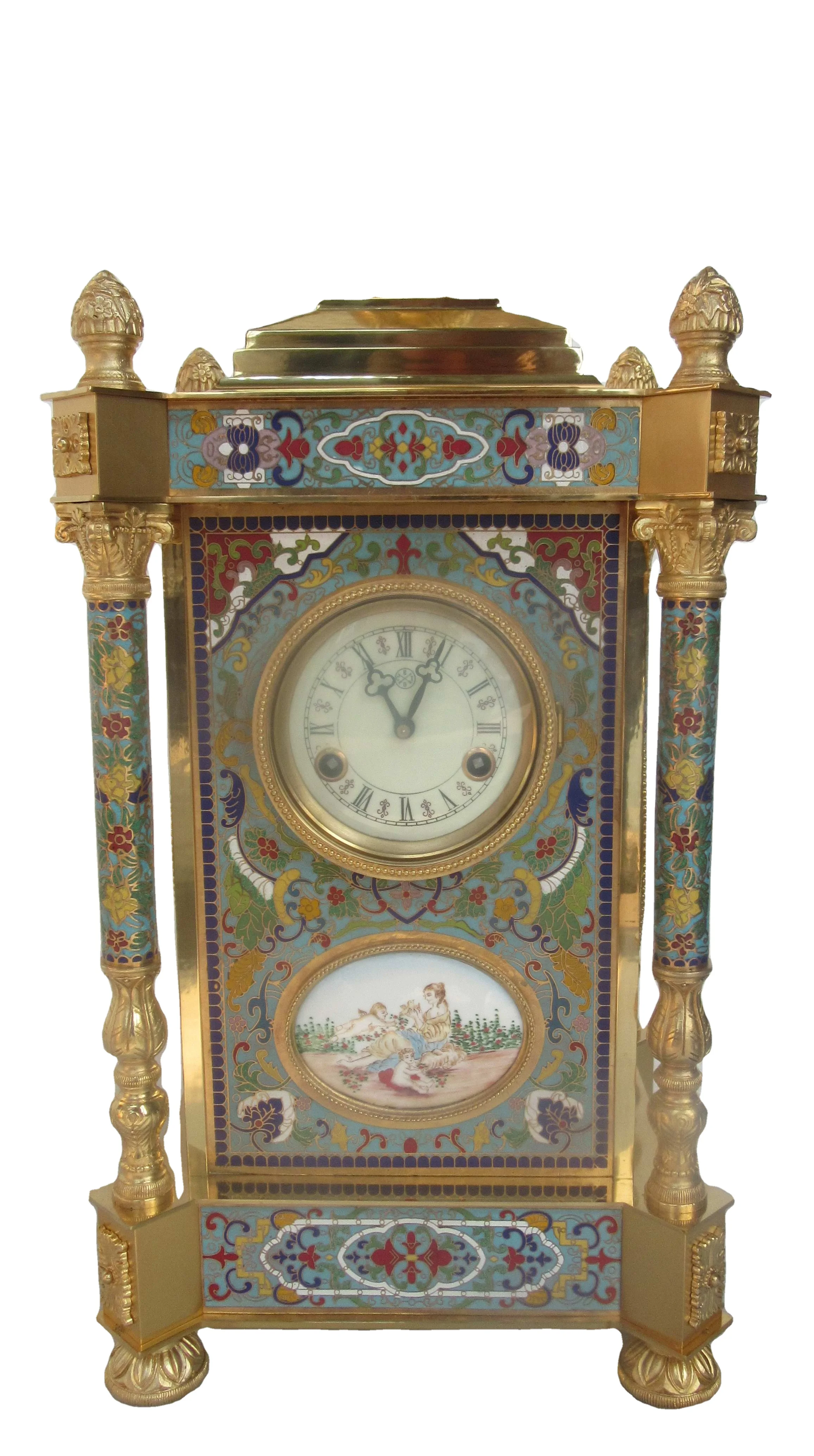 Solid Brass Vintage  Antique Gilt 19th  French Style 15 Days Mechanical Movement  Floral Blue Cloisonne Enamel Table/Desk Clock