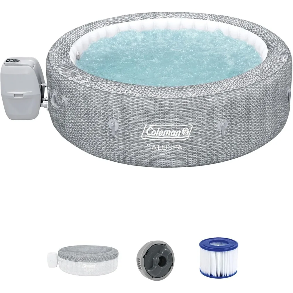 Sicily AirJet 5 to 7 Person Inflatable Hot Tub Round Portable Outdoor Spa with 180 AirJets EnergySense Saving Cover, Gray