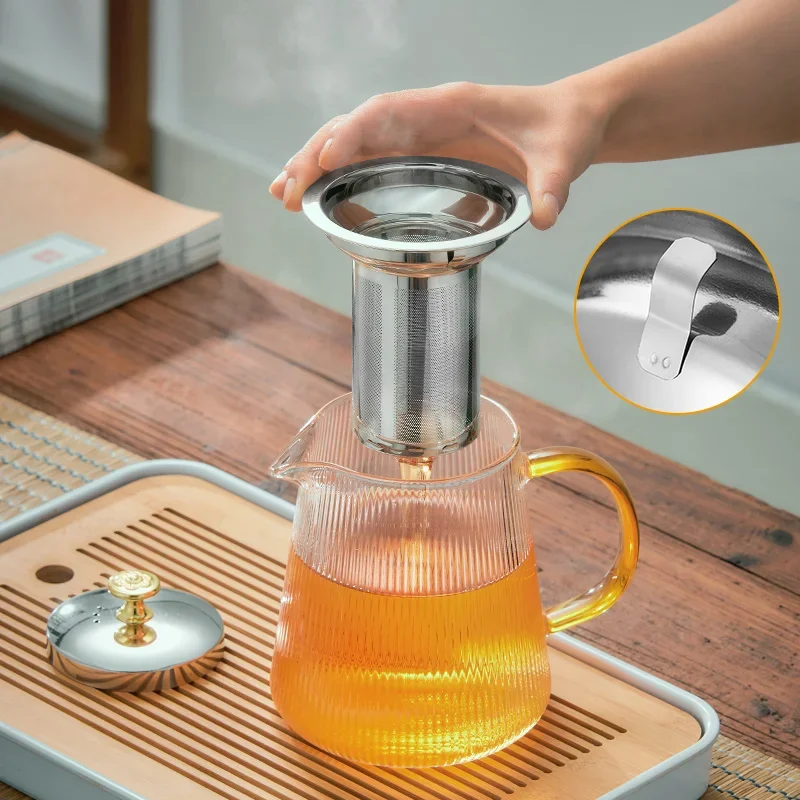 GIANXl Vertical Grain Teapot Transparent High Borosilicate Glass Tea Pot Set Heat Resistant Flower Tea Puer Tea Cold Kettle