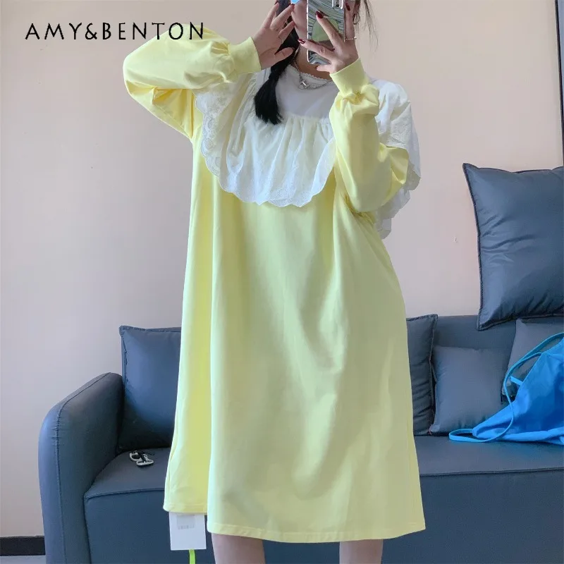

2025 Autumn New Women's Long-sleeves Top Sweatshirt Pure Cotton Round Neck Lace Patchwork Loose Fashion Hoodies Dress Blue Color