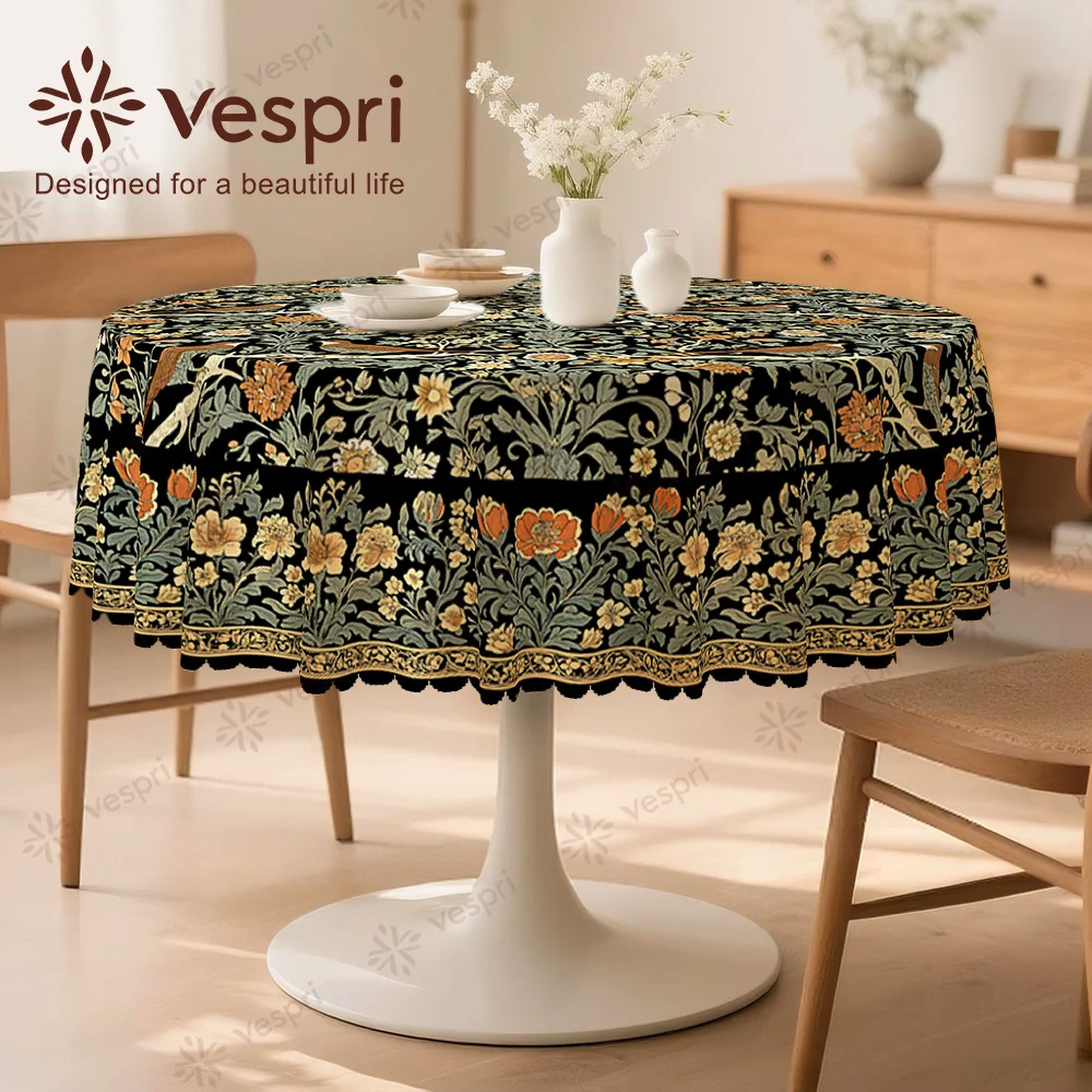 Spring tablecloth, black and green decorations, birds, flowers and green leaves, circular, rectangular, elliptical.