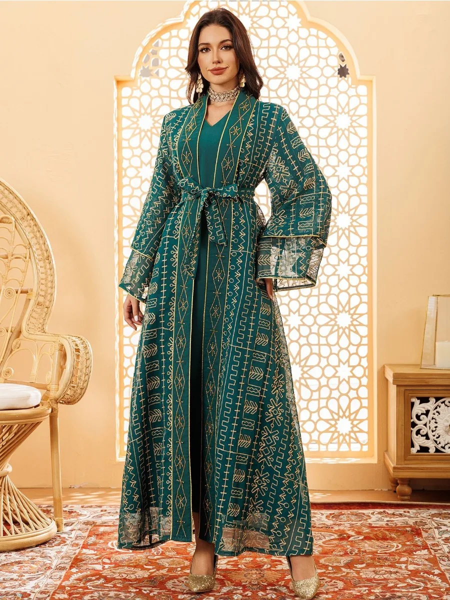 Eid Muslim Party Dress Women Ramadan Abaya Embroidery Mesh Long Dresses Morocco Kaftan Vestidos Largos Dubai Robe Jalabiya 2024