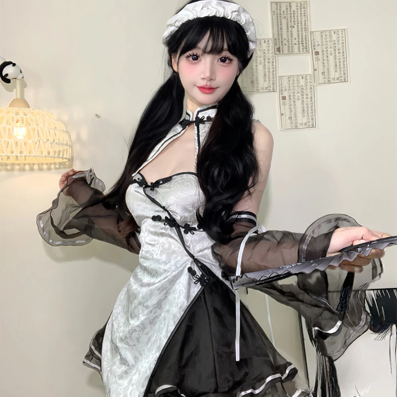 Sexy Cosplay Halloween Witch Costumes Cute Temptation Pure Desire Uniform Role Play Cheongsam Dress Woman Set