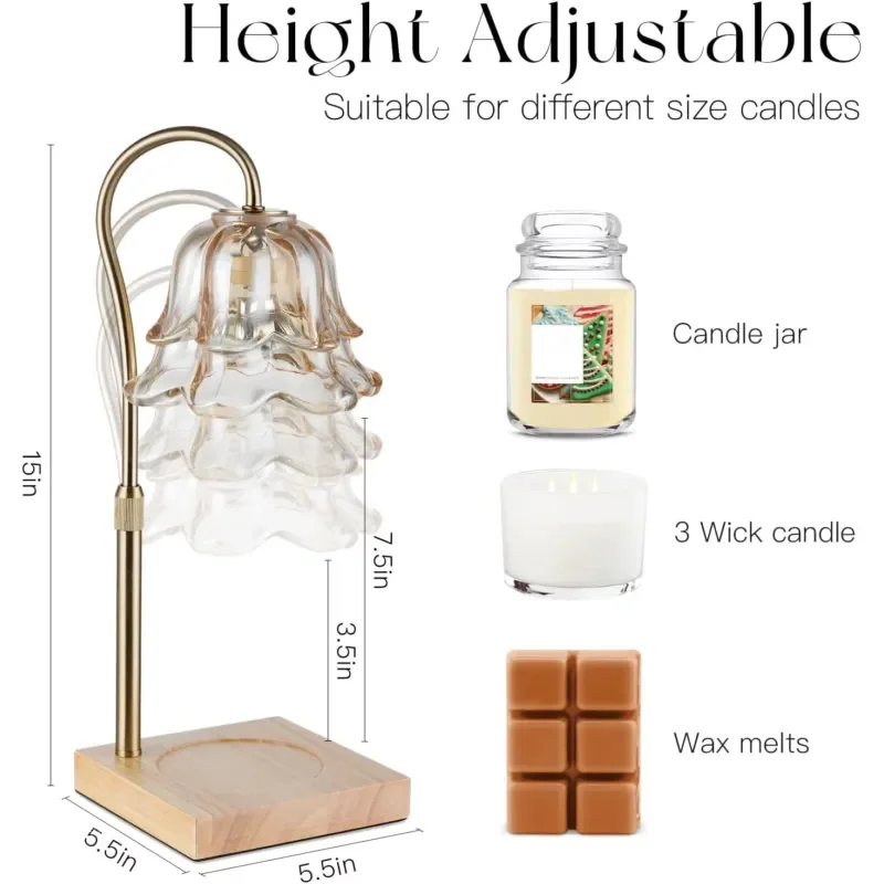 For Vintage Wind Chimes Flower Glass Lampshade Candle Heater with Timer Wax Melter Adjustable Height Housewarming Office Room
