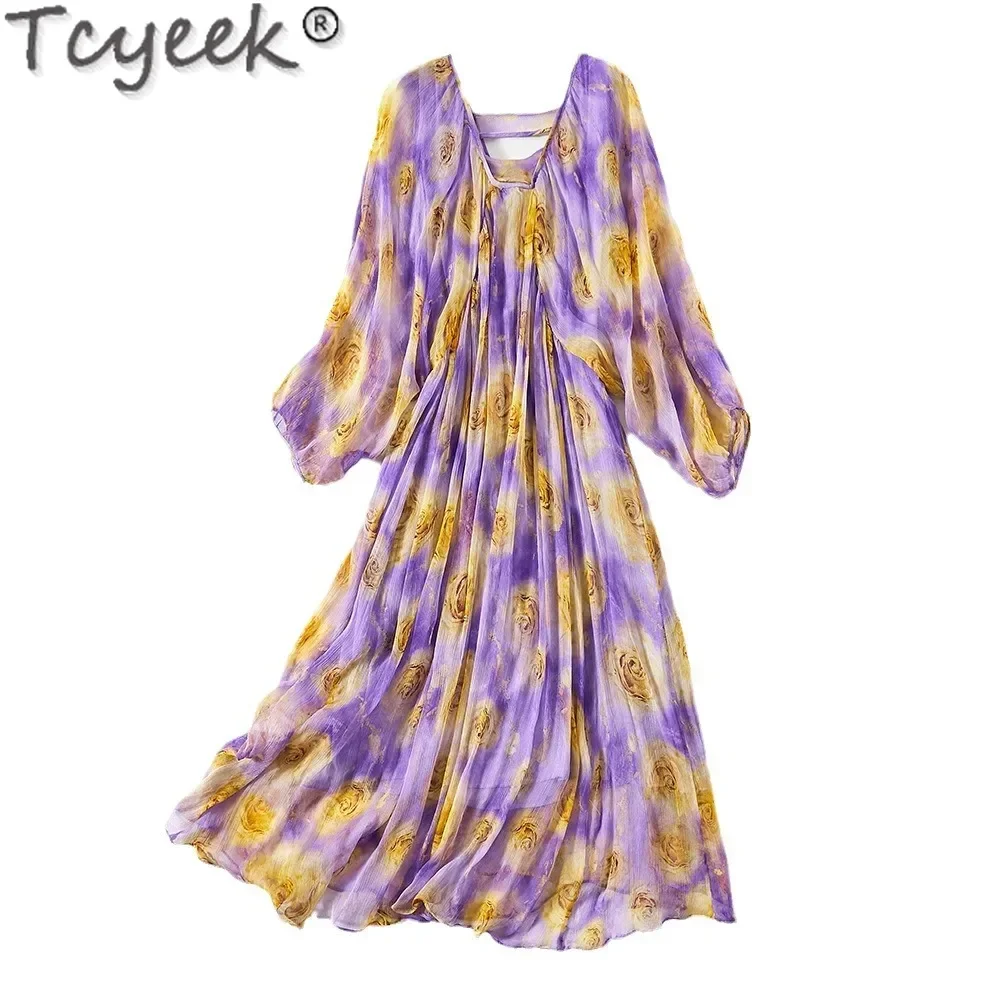 Tcyeek echte Maul beers eide Damen kleider Party kleid elegante Damen kleider Frühling Sommer Kleidung lose Taille Vestido