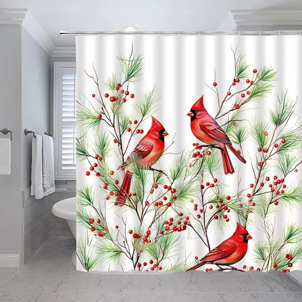 

Red Birds Shower Curtain Merry Christmas Xmas Pine Branches Twigs Pinecone Rustic Wild Holiday Happy New Year Festival Ornament