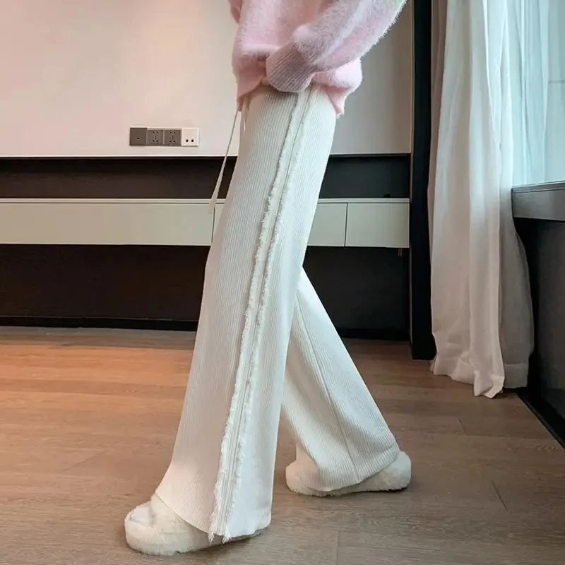 

Side Tassel Knitted Wide-Leg Pants For Women In Autumn And Winter Thickened High-Waisted Loose Drape Floor-Length Trousers