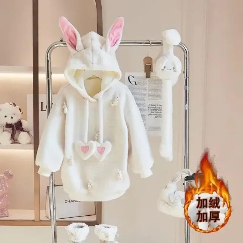 

Модная детская одежда, куртка для девочек, стильный свободный повседневный топ с капюшоном, бархатное гигиеническое платье, новинка 2025, осень-зима, с подкладкой