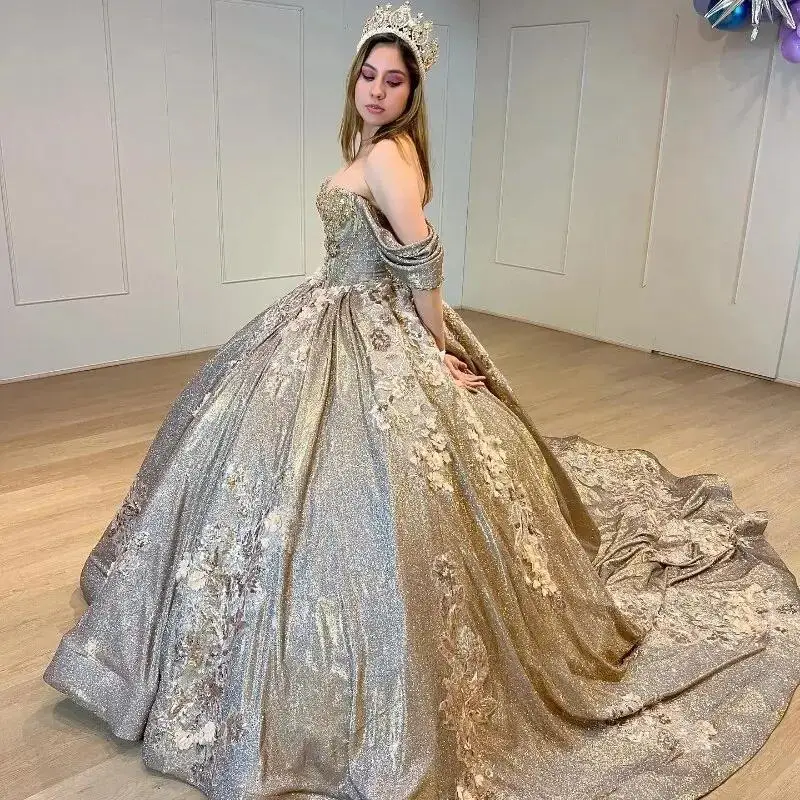 Sexy Sweetheart Shiny Quinceanera Dress Ball Gown Beads Crystal Appliques Lace 3DFlower Off the Shoulder Corset Vestido De 15