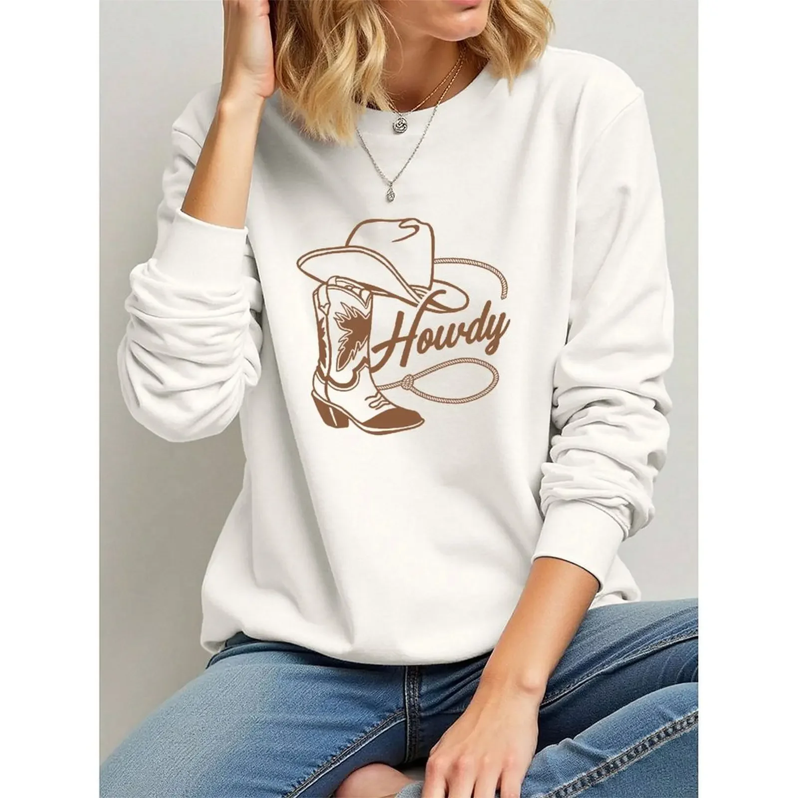 

Women O Neck Long-sleeved Velvet Winter Casual Fashion Cowgirl Style Cow Skull Print Sweatshirt Pullovers Autumn Woman Clothes