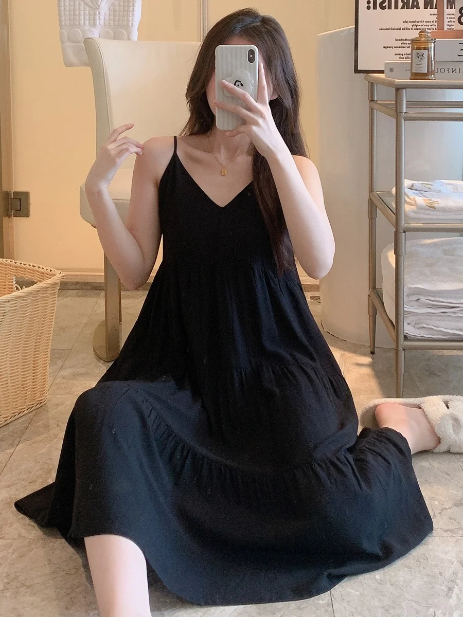 

Summer Women's Spwear Cotton Silk Strap Home Clothes Thin Pure Color Long V-ne-piece Sle No-brand Sexy Home Suit