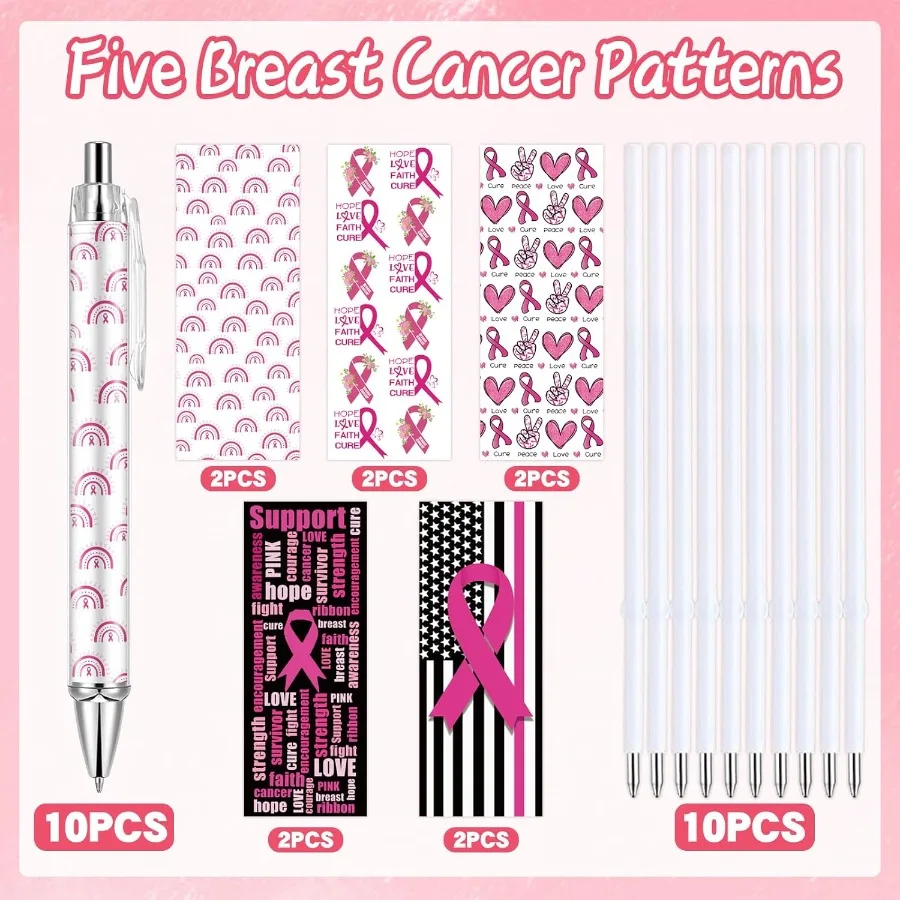 10 PCS Breast Cancer Awareness Ballpoint Pens Bulk Pink Ribbon Hope Faith Retractable Black Ink Pens Inspiring Messages Breast