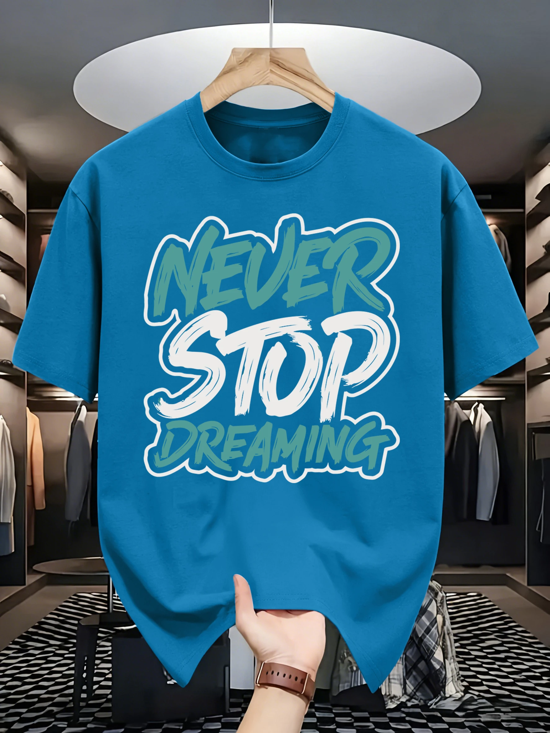 Never Stop Dreaming Art Letter Men Retro T Shirt O-Neck Summer Fashion Tee Casual Loose Clothing Unisex Cotton Sportswear