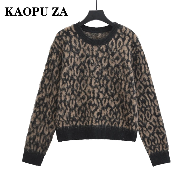 

KAOPU ZA 2024 Women's Casual Round Neck Long Sleeve Sweater Leopard Print Harajuku Vintage Knit Top Fall/Winter New Arrival