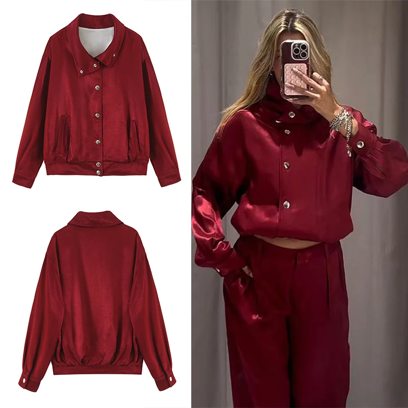 Guobioziy 2026 Autumn Women Bomber Jacket Drop Shoulder Metal Snap Long Sleeve Outerwear For Office Commute Weekend Trip