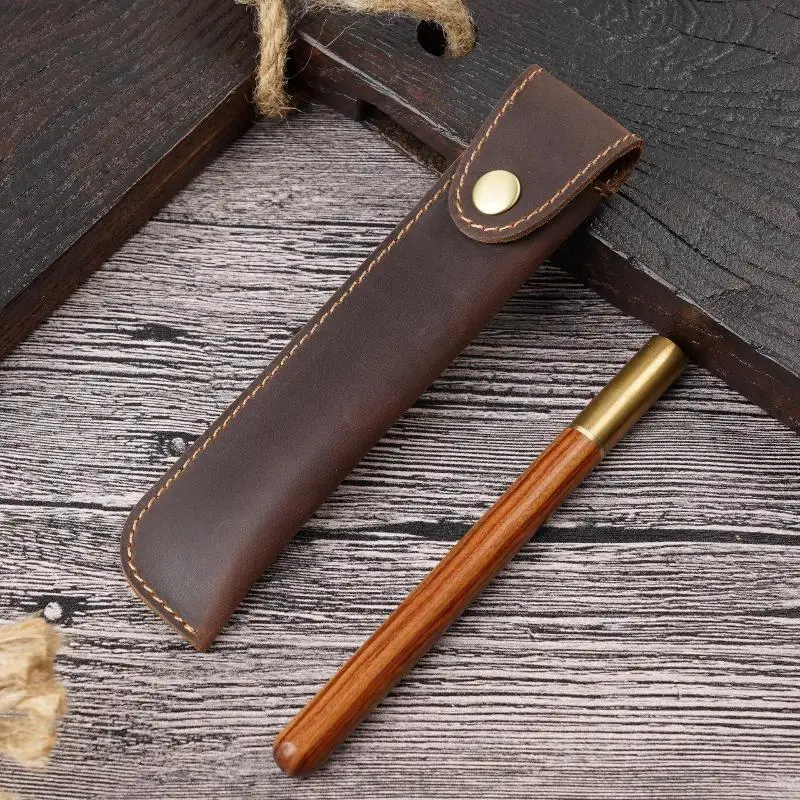 ~New! PU Leather Pen Holder Brass Snap Closure Fine Stitching Office School Use Gifts For Writers Students