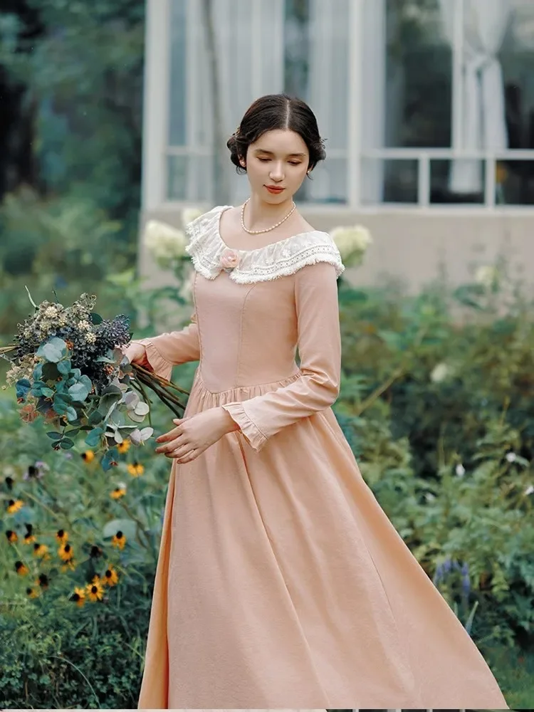 AIGYPTOS Spring Fall Maxi Dresses For Women Vintage Palace Style Elegant Slim Long Dress Lace Collar Long Sleeve Princess Dress