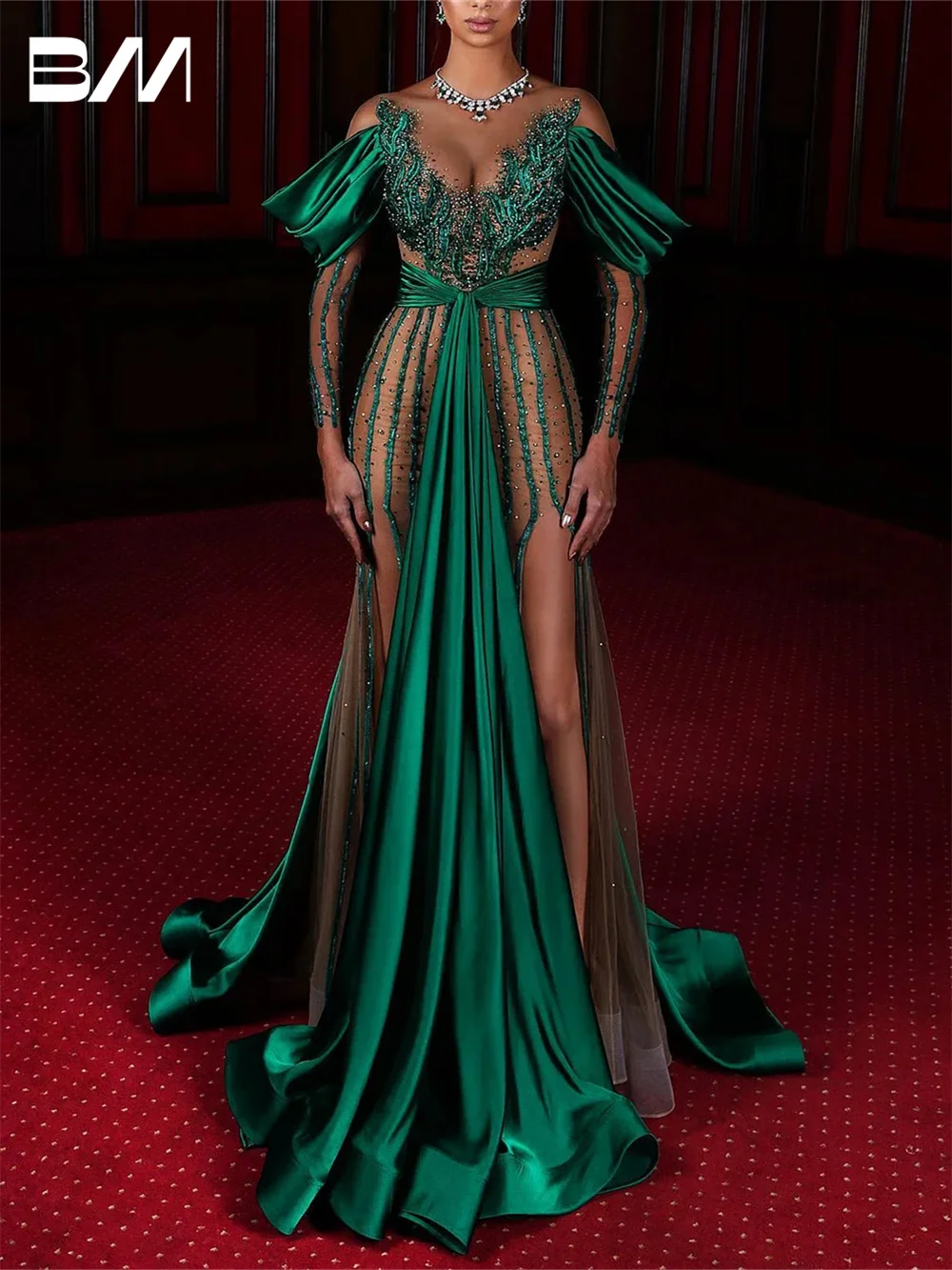 

Emerald Sexy Long Women's Prom Dresses Off Shoulder Beadings Illusion Customized Evening Dress Full Sleeves Luxury Party Gown