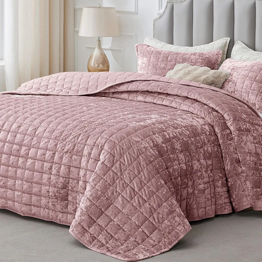 Velvet Quilt Set King Size - Luxury Velvet Comforter Bedding Set 3 Pieces, Soft Cozy Dusty Pink Oversized Bedspread Cov