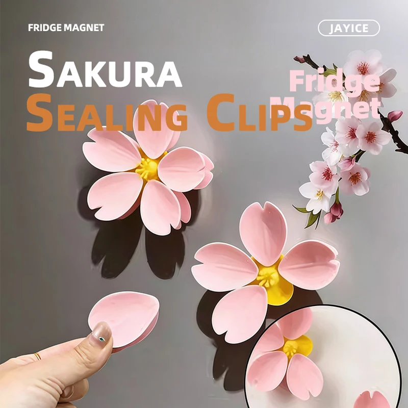 Pink Sakura Fridge Magnet with 5 Sealing Clips Cherry Blossom Petal Cute Girly Aesthetic Kitchen Floral Fresh Keeper 2 Sets