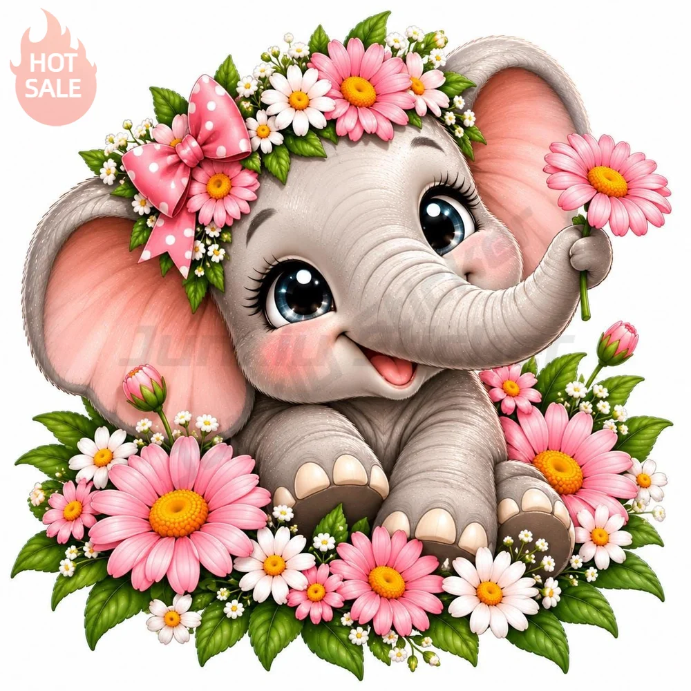 Elephant Pink Daisies Cute Floral Creative Vinyl Sticker For Laptop Sun Protection Covers Scratches Decal Personalized Decor