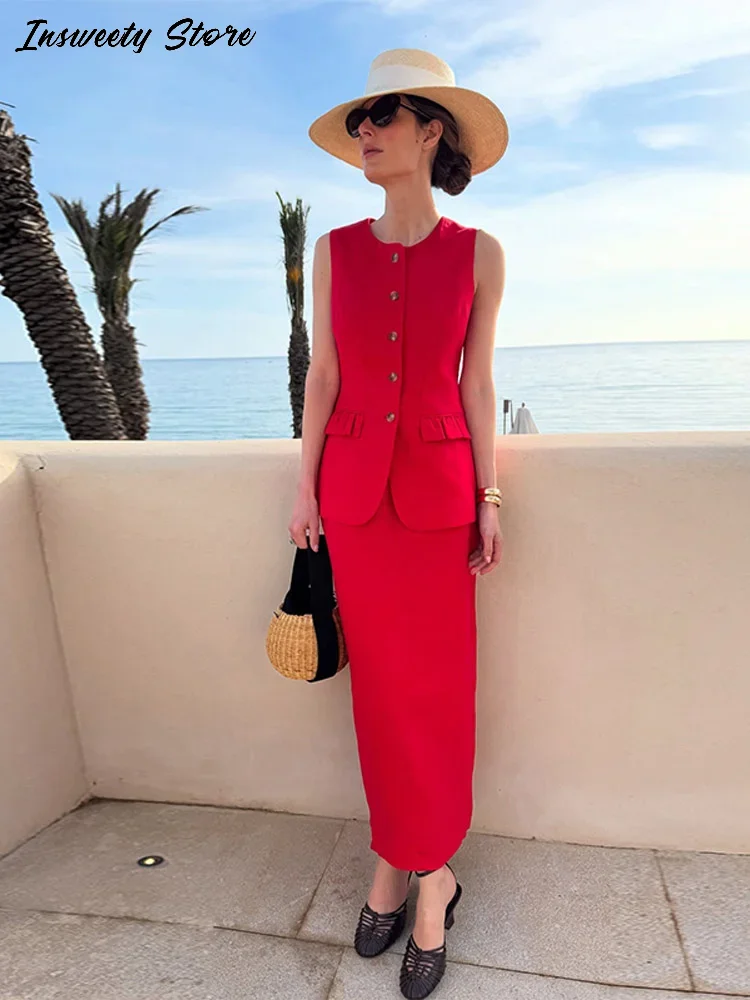 

Fashion Sleeveless Vest Women's Solid Slim O-neck Pockets Single Breasted Waistcoats 2025 Spring Summer New Lady Elegant Tank