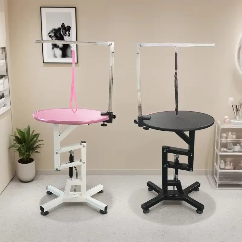 Pet Grooming Table – Stainless Steel & Iron Wood Frame, Rubber Surface, Round Design for Small Animals