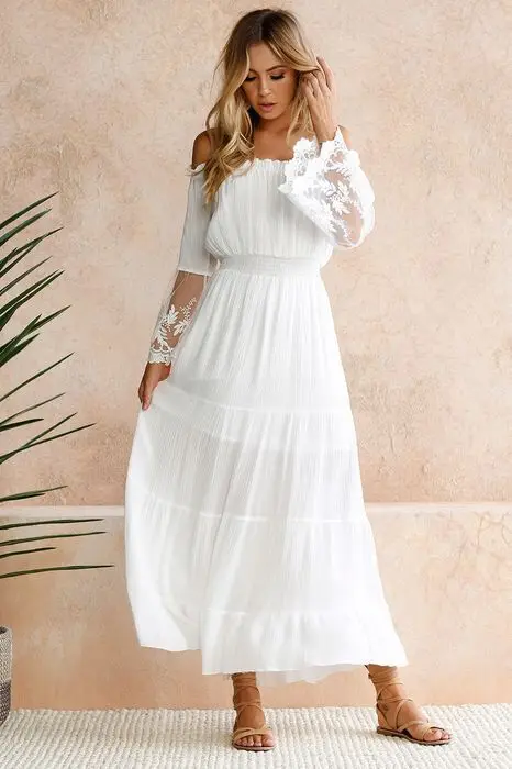 

Elegant Women's White Black Sexy Off Shoulder Waist Club Vestidos Femme Fashion One Line Neck Lace Panel Long Sleeved Dresses