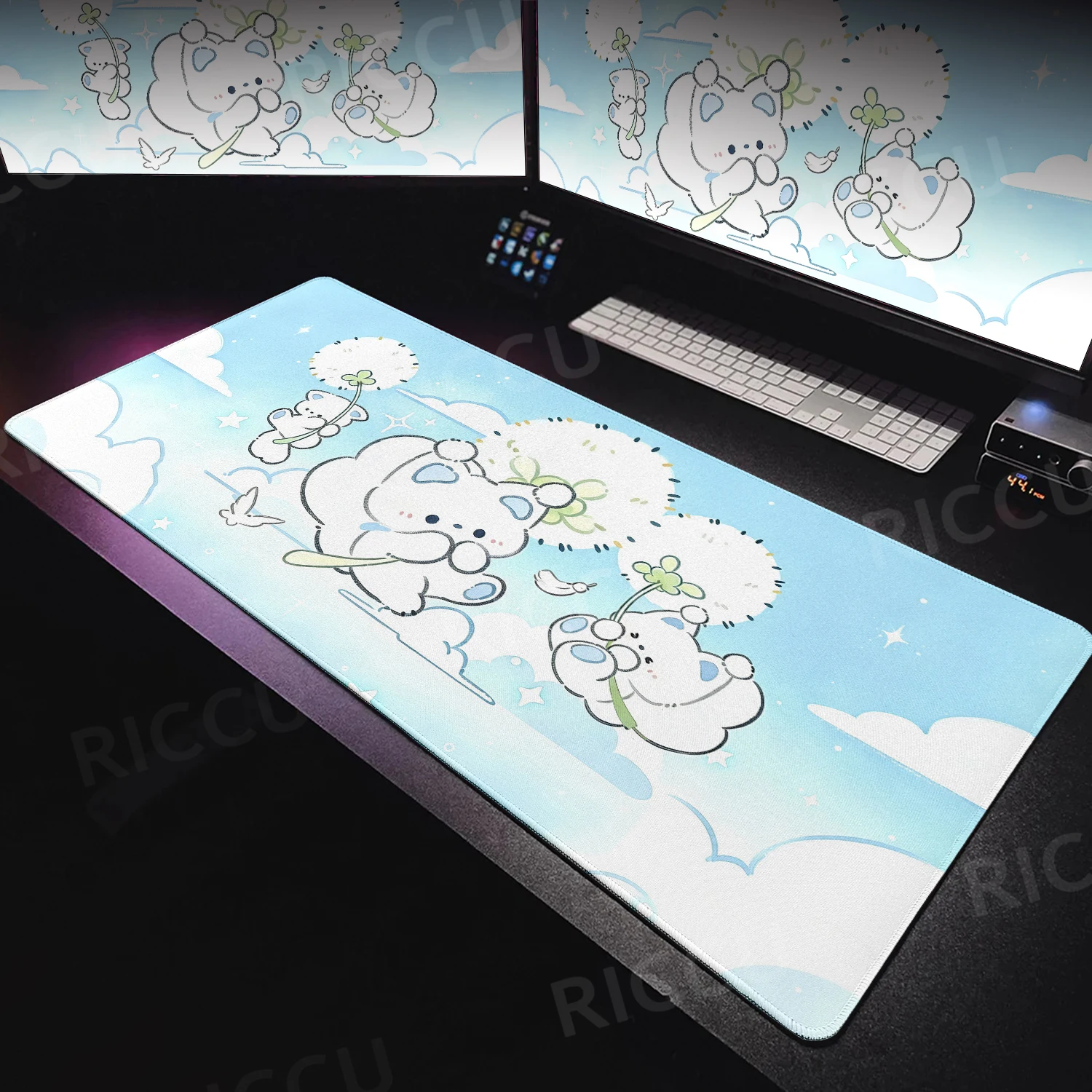Blue White Mousepad Anime Large PC Kawaii Squirrel Carpet Keyboard Protection Mat Cartoon Rabbit Deskmat Rubber Stitched Edge XL