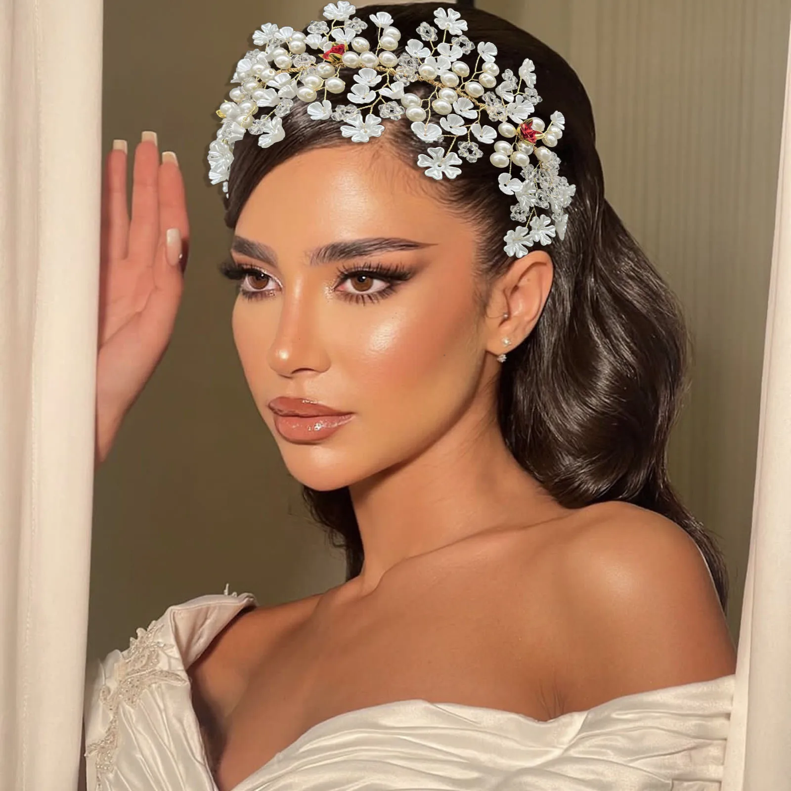 

DZ145 Handmade Flower Shaped Bridal Headband Crystal Bead Hair Strap Soft Hair Chain Wedding Accessories for Women and Girls