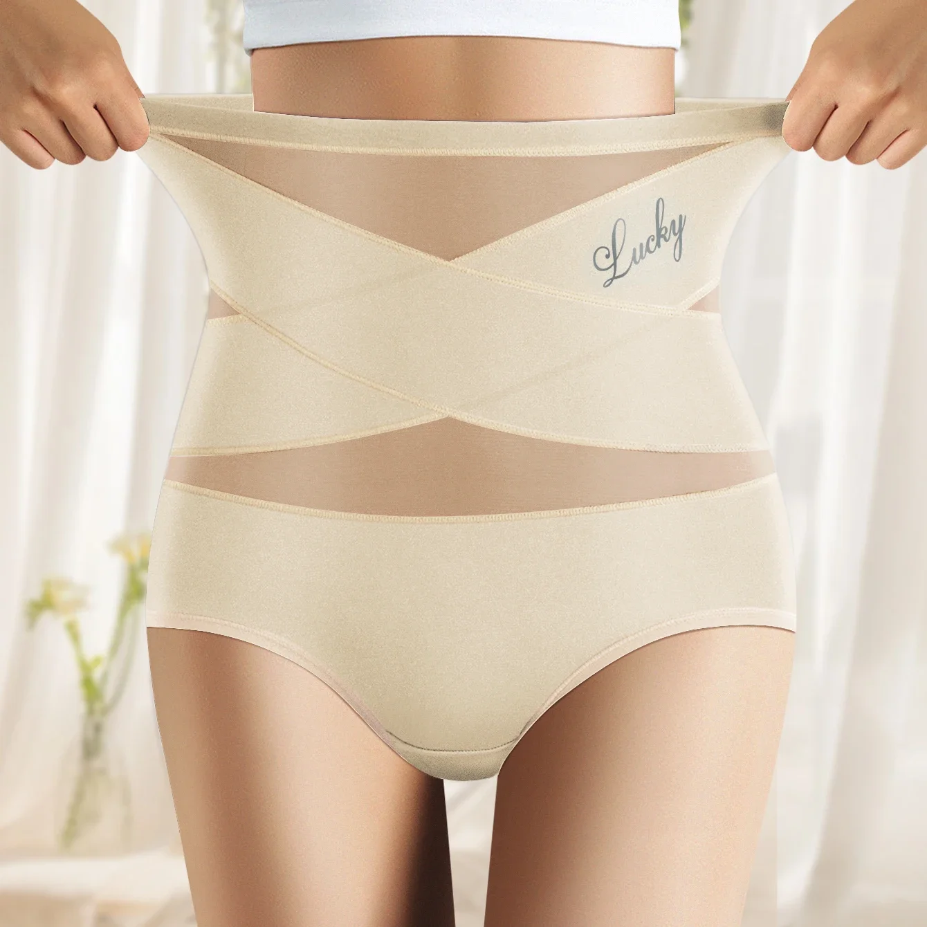 

1 шт. женские трусики с высокой талией, дышащие сетчатые трусики с крестом на животе, ледяной шелк, треугольные трусики без следов, форма подтяжки живота
