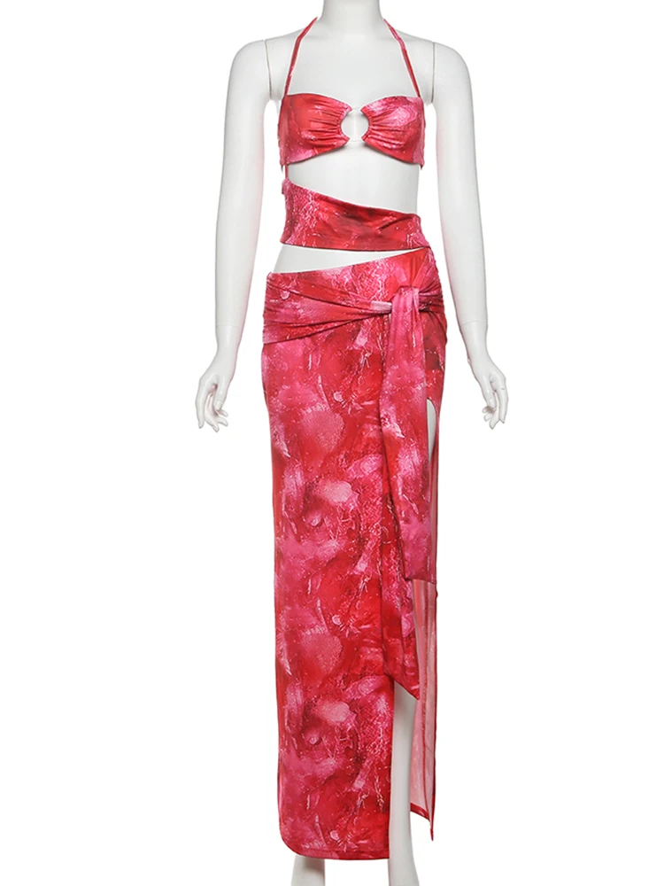 Kliou Tie Dye Swim Party mujeres Maxi vestido Sexy Halter vendaje recortado cintura vendaje ceñido al cuerpo Mujer vacaciones Hipster Vestidos