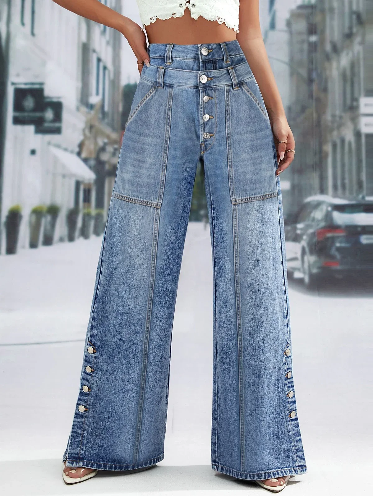 Plus Size zapinane na guziki jeansowe proste dżinsy z szeroką nogawką kieszenie z wysokim stanem w stylu Vintage dżinsy casualowe w stylu Streetwear