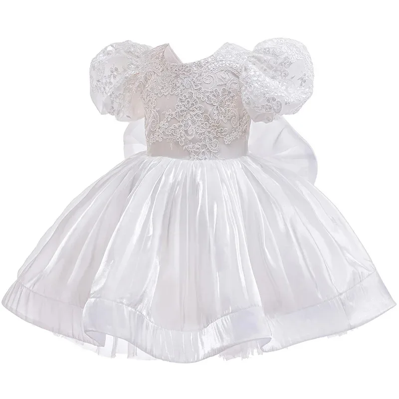 Baby Girls White Christening Dress With Bonnet Toddler Baptism Gown Outfit For 1st Year Birthday Party Infant Wedding Dresses