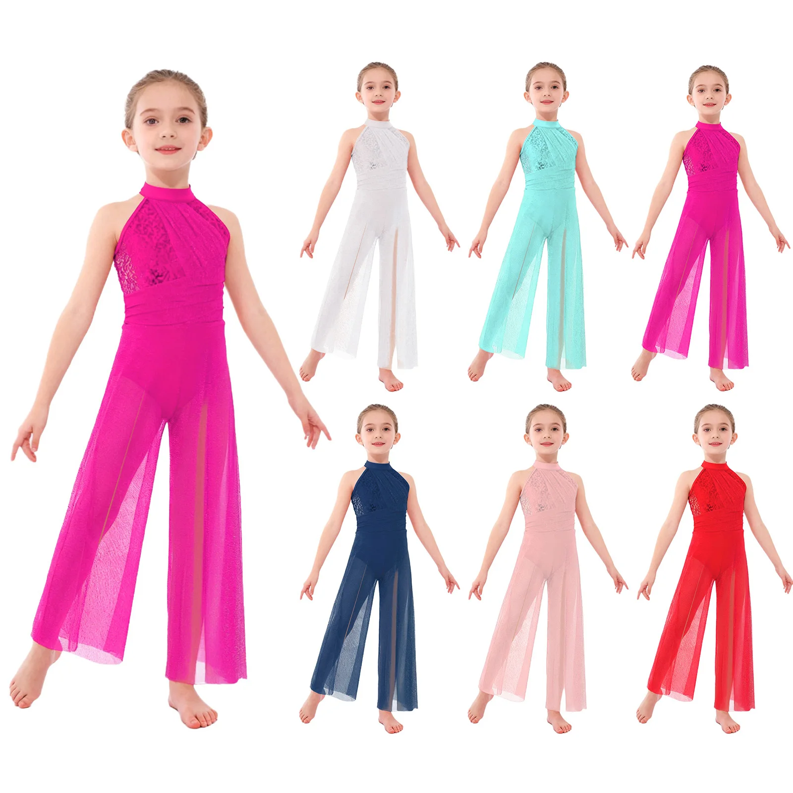 Kids Girls Lyrical Dance Performance Jumpsuit Sleeveless Sequins Mesh Split Wide-Leg Bodysuit with Mock Neck Crisscross Back