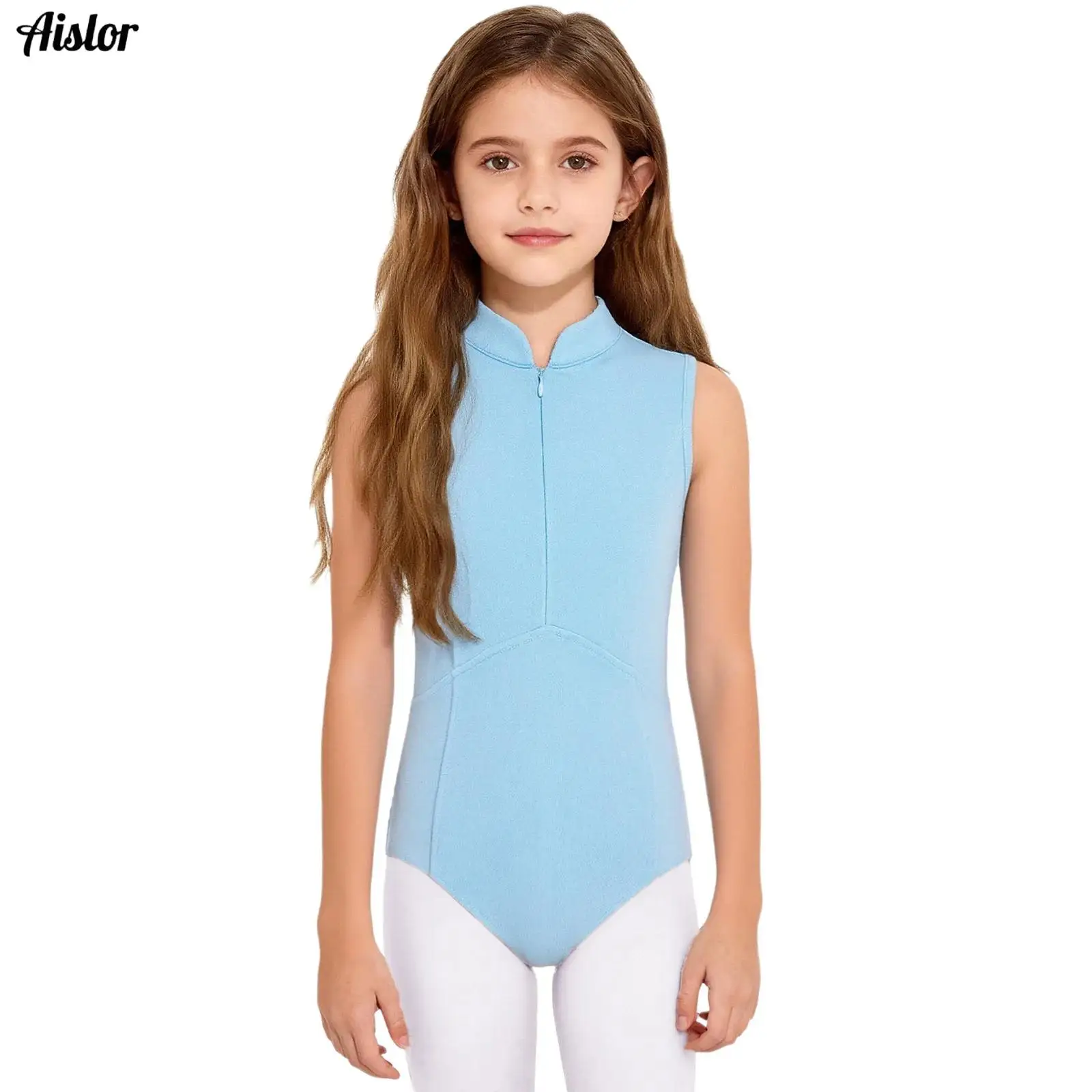 

Kids Girls Ballet Gymnastics Leotard Stand Collar Sleeveless Zipper Sheer Mesh Rhinestones Bodysuit Figure Skating Dancewear