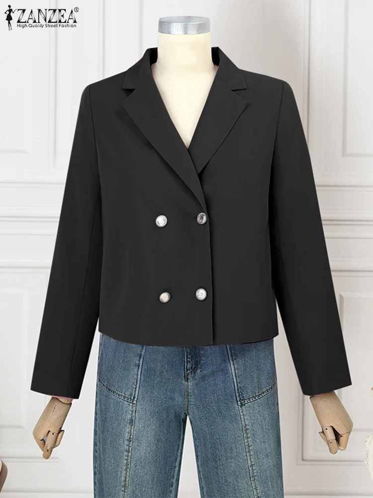 ZANZEZA 2024 Women Lapel Collar Coat Fashion Office Blazer Casual Loose Solid Double Breasted Short Suits Long Sleeve Jackets