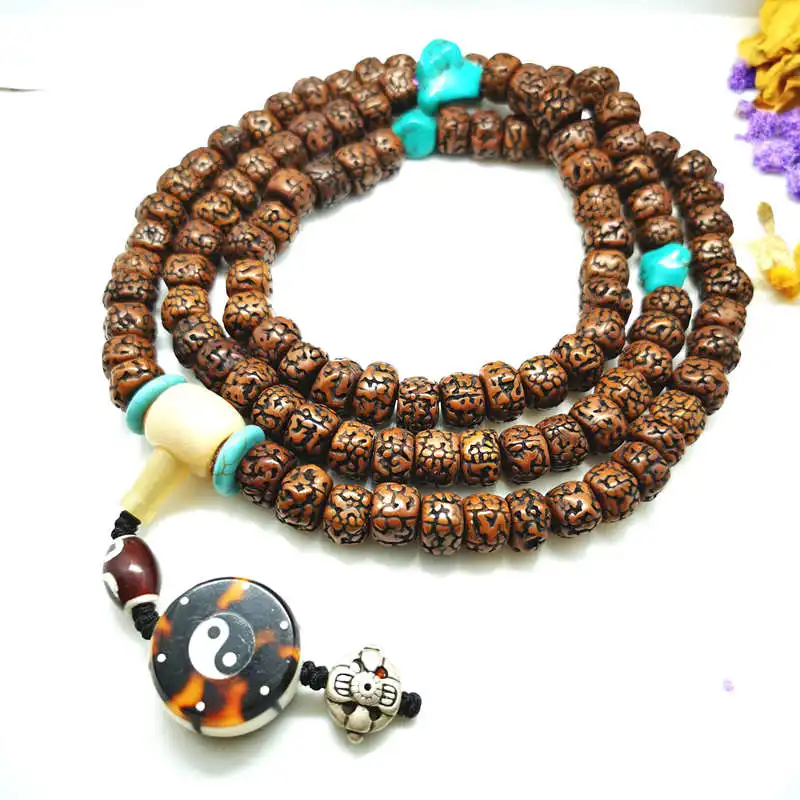 11-12mm 108 Tibet Old-taste Rudraksha Bodhi Prayer Beads Mala with Taiji Ending Charm BRO071