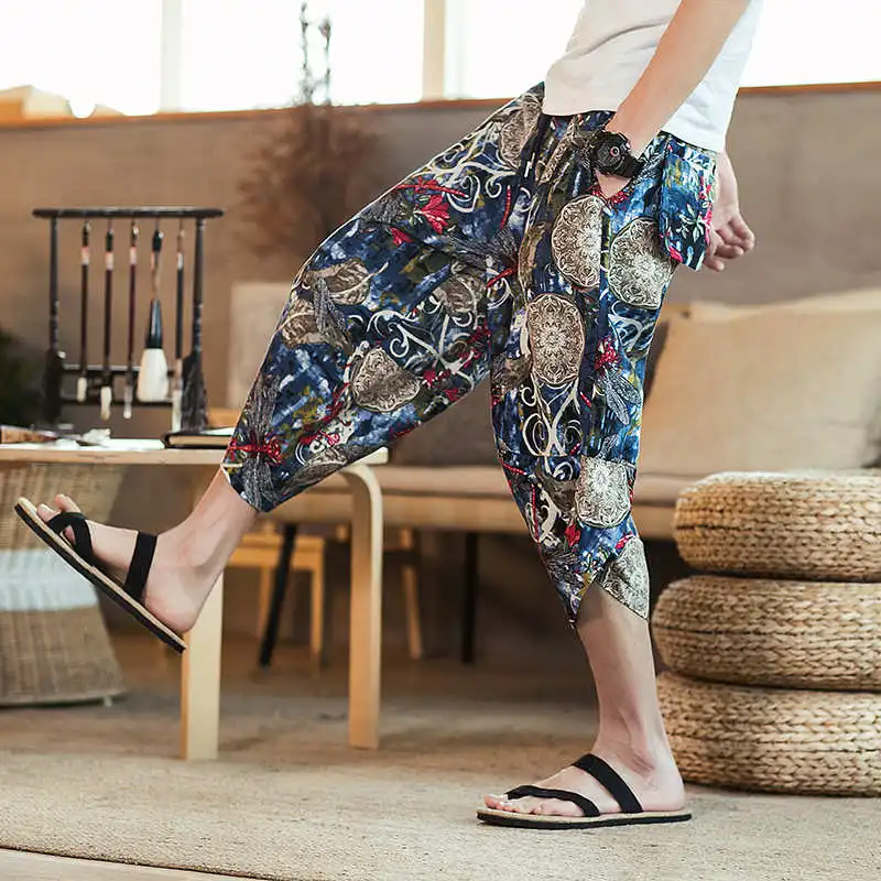 

Men's Ethnic Sle Casual Beach Pants Harlan Printed Loose Fit Cotton Summer Youth Active Wear Comfortable Breathable
