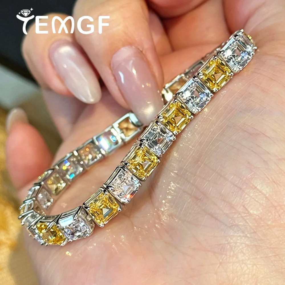 

Asscher Cut Full Zircon Tennis Bracelet for Women Yellow and White High Carbon Diamond S925 Silver Luxury Wedding Jewelry Gifts